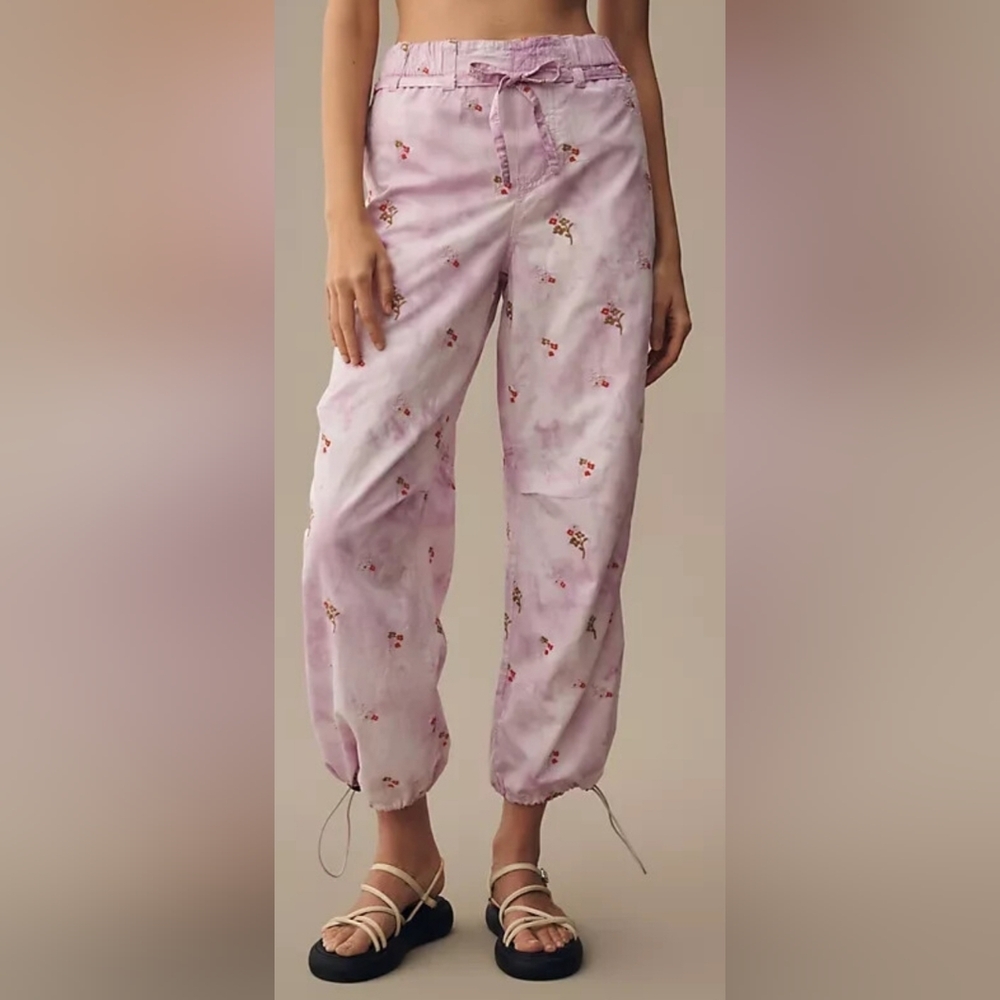 Pilcro Anthropologie Ditsy Tie Dye Floral Embroidered Parachute Pants Sz L